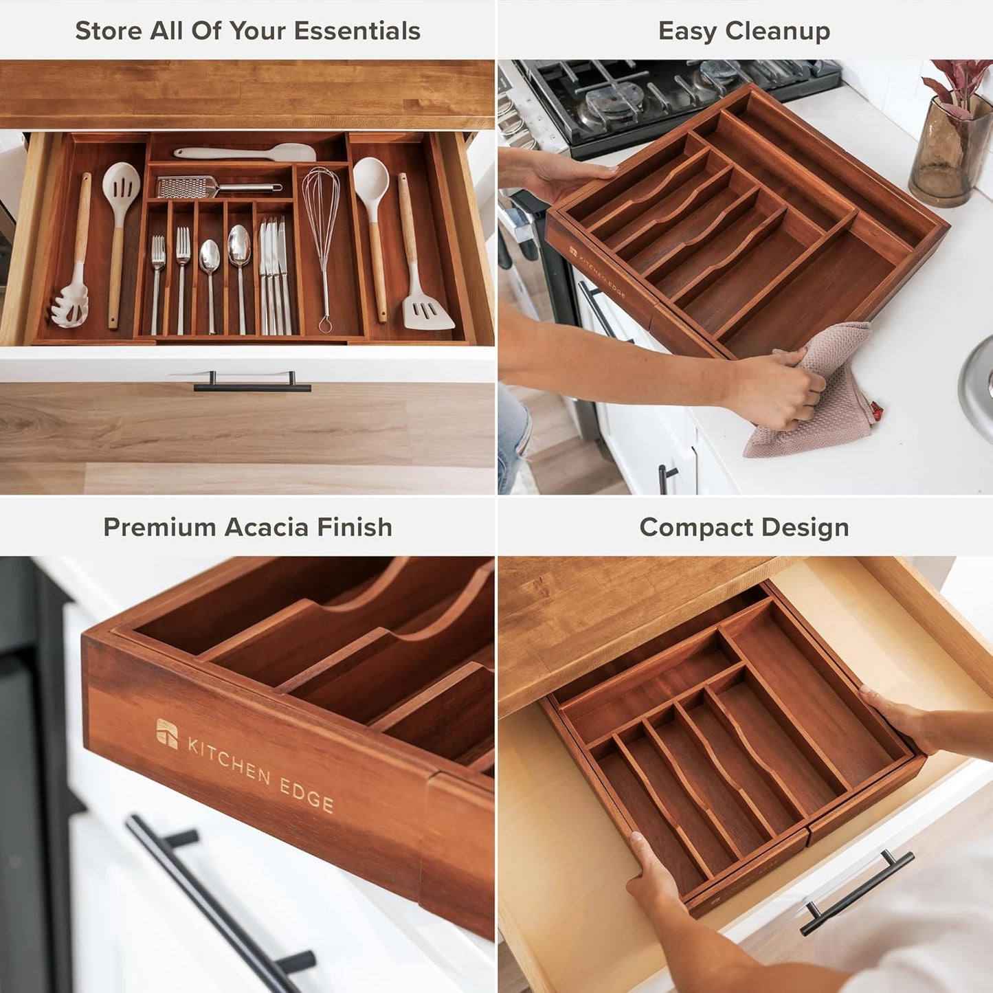 KitchenEdge Premium Silverware, Flatware and Utensil Organizer for Kitchen Drawers, Food-Safe Contract Grade, Expandable from 16 to 28 In, Natural Acacia