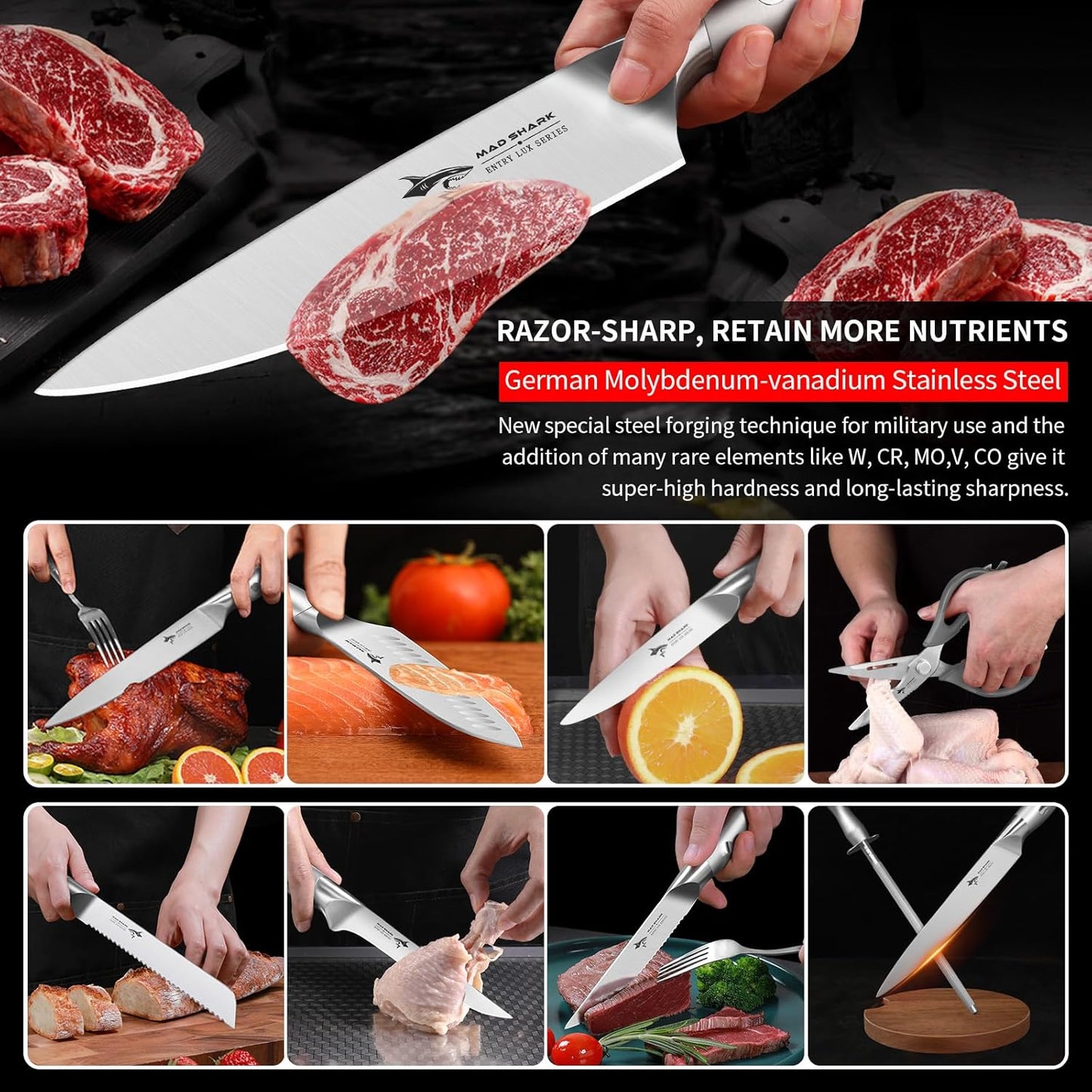 MAD SHARK Knife Set for Kitchen with Block, 17pc Cutlery Set, Built-in Sharpener, German Stainless Steel, Non-slip Ergonomic Handle, Dishwasher Safe