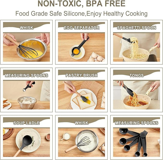 Kitchen Utensils Set - 34 PCS Non-Stick Silicone Cooking Utensils Set with Wooden Handle,Kitchen Gadgets Tools Set for Nonstick Cookware (Black-34P)