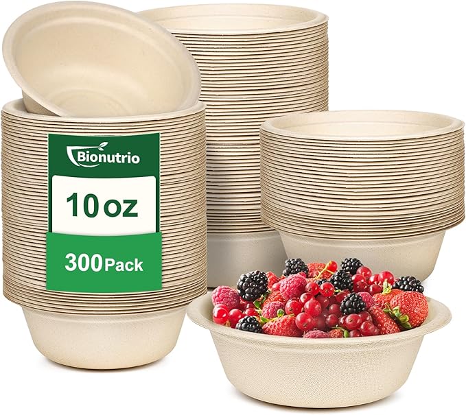 10 oz Paper Bowls Disposable, 300 Pack Small Paper Bowls Bulk, Heavy Duty Biodegradable Compostable Bowl Made Of Sugarcane, Microwave Safe, Eco-Friendly