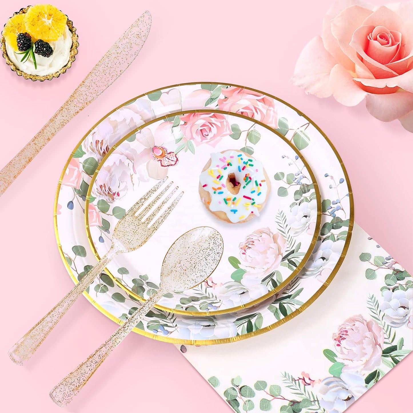 168 PCS Floral Plates and Napkins Party Supplies Serve 24 Flower Disposable Paper Dinnerware Sets for Adults Bridal Shower Decorations Baby Shower Birthday Wedding Engagement Tea