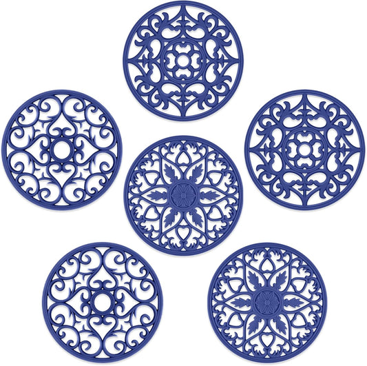 SMARTAKE 6 Set Silicone Trivet Mats, Multi-Use Carved Trivet Mat, Insulated Non-Slip Durable Kitchen Mats, Flexible Modern Kitchen Table Mat, for Hot Dishes, Pots, Dining Countertop, Navy Blue