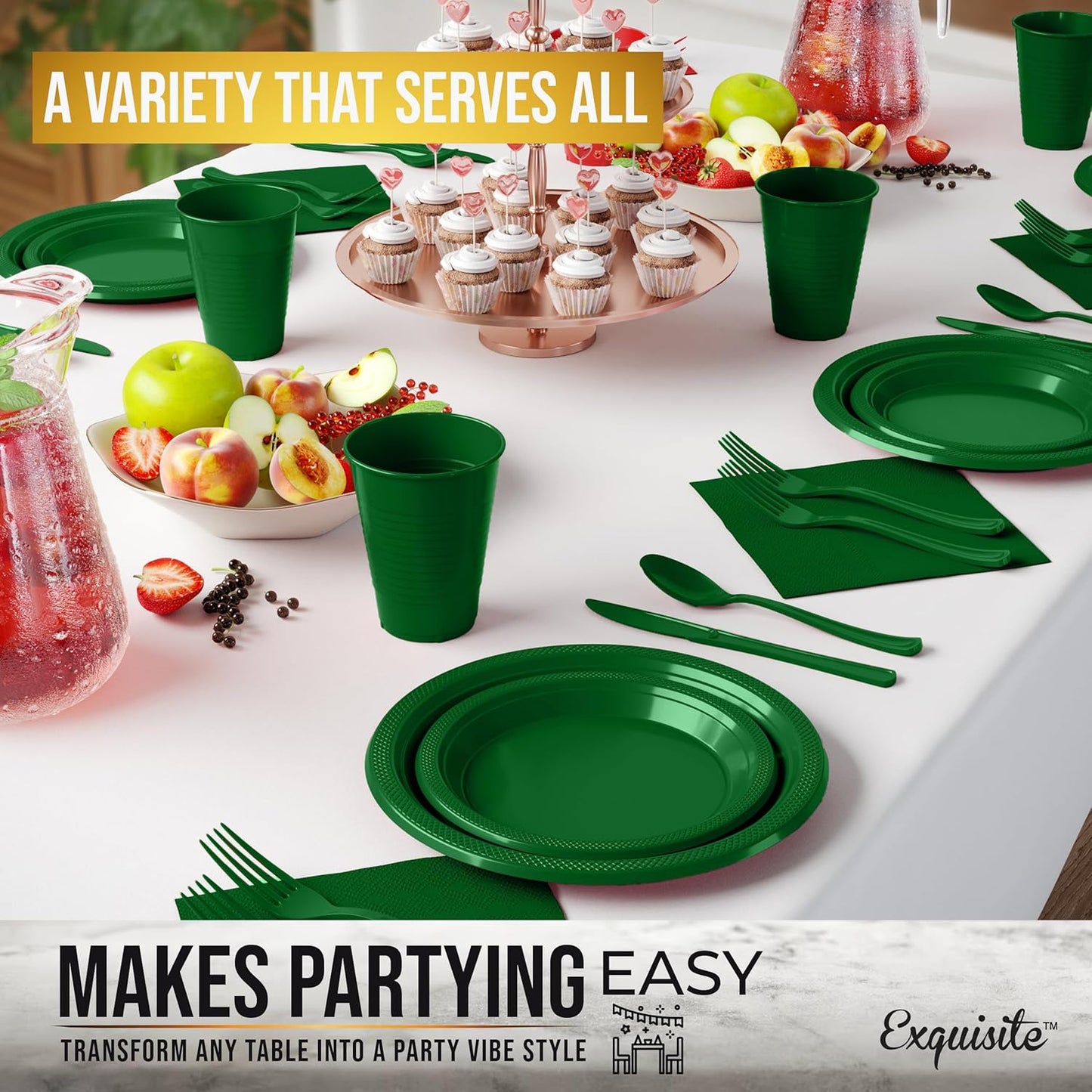 Party Solids 350 Pieces Emerald Green Plastic Plates For Party, Emerald Green Disposable Plates Set, 50 Of Each 9" Dinner Plate Set, 7" Dessert Plate, Cups, Napkins & Cutlery Plastic Dinnerware