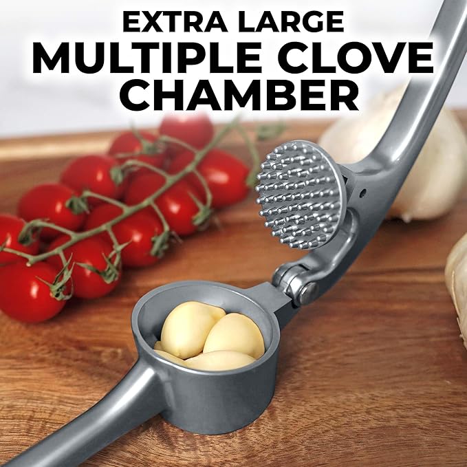 Zulay Kitchen Large Premium Garlic Press Set - Bigger Bowl for Bigger Garlic - Rust Proof & Dishwasher Safe Garlic Mincer Tool - Easy-Squeeze, Easy-Clean Silicone Garlic Peeler & Brush (Slate)