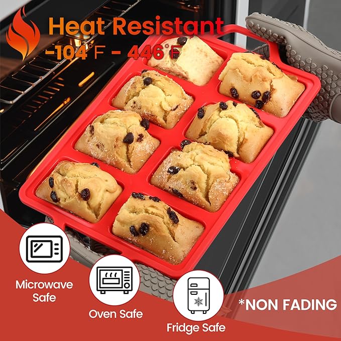 Mini Loaf Pans, Metal Reinforced Frame Silicone Mini Bread Loaf Pans 8 Cavities Nonstick for Baking Cornbread, Bread, Small Loaf, Brownie, Cheesecake, Chocolate 2 Pack Red