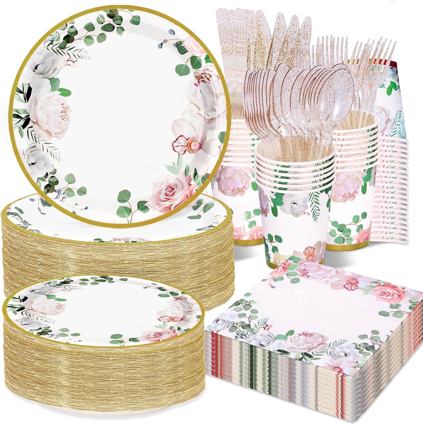 350 PCS Floral Plates and Napkins Party Supplies Serve 50 Flower Disposable Paper Dinnerware Sets for Adults Bridal Shower Decorations Baby Shower Birthday Wedding Engagement Tea