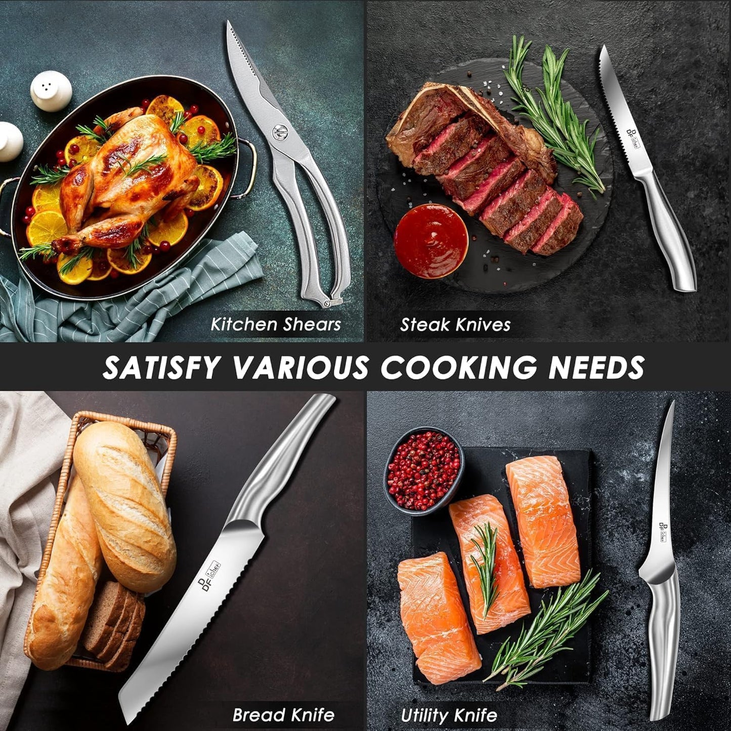 Kitchen Knife Set with Block, DDF iohEF 16 PCS Knife Sets for Kitchen with Block Japanese Stainless Steel, Ultra Sharp Chef Knife Set with Sharpener