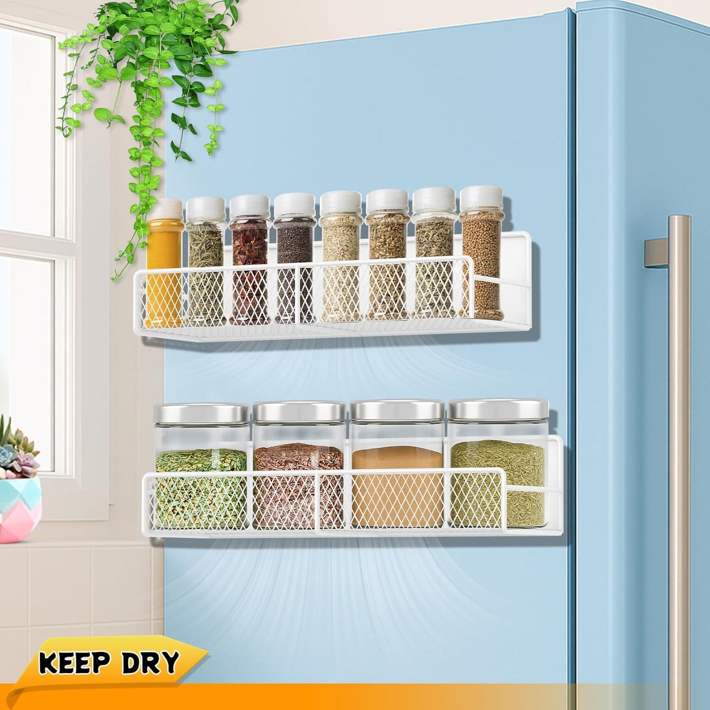 Magnetic Spice Rack for Refrigerator, 2 Pack Magnetic Shelf for Fridge with 4 Hooks, Black Magnetic Shelves, Organization and Storage Kitchen, Magnet Shelf for Fridge, Cabinet Organization