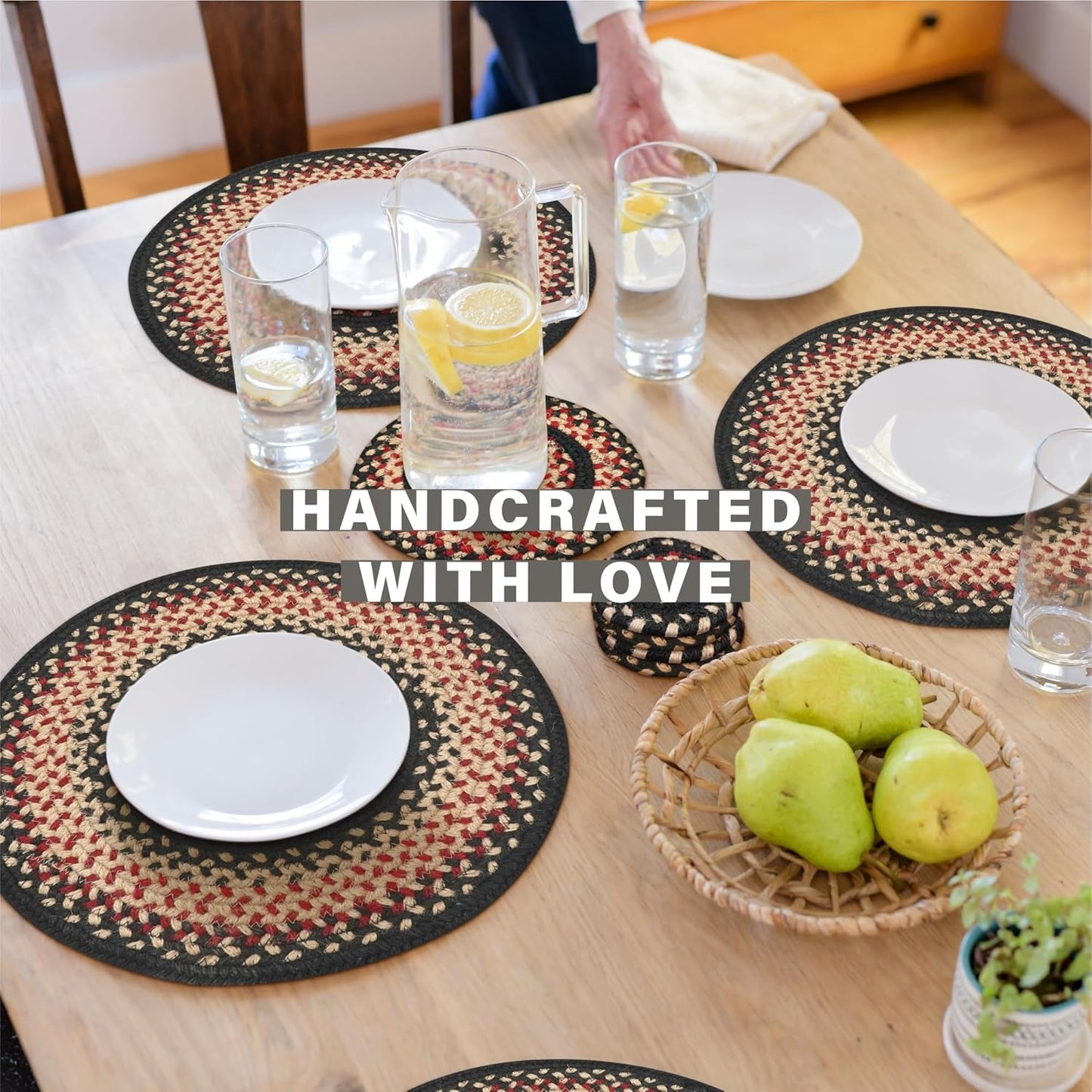 Primitive Star Gloucester Jute Woven Round Placemats Set of 6, 15", Warm Primitive Decor, Black and Red Table Mats - Vibrant Colors, Durable, Easy to Clean and Protects Furniture