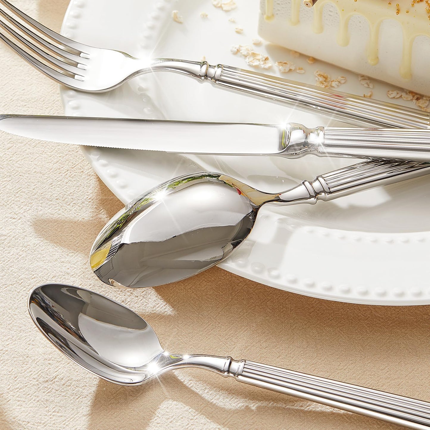 KINGSTONE Silverware Set, 10-Piece 18/10 Stainless Steel Flatware Set - Roman Column Embossed Thick Handle, for Wedding, Home, Restaurant, Kitchen and Party, Mirror Polish & Dishwasher Safe