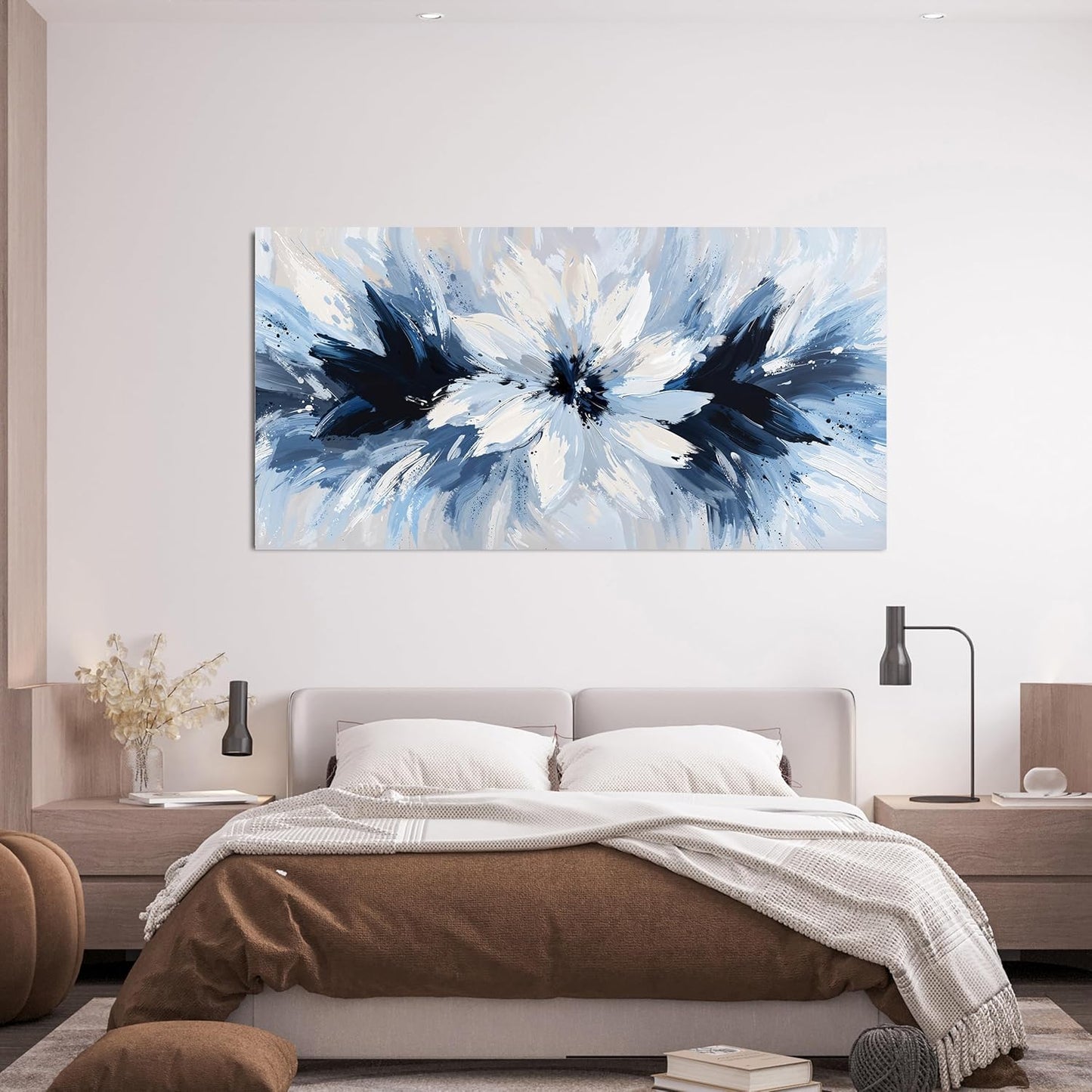 Abstract Canvas Wall Art Decor Large Wall Art For Living Room White Flower Wall Art Prints Modern Blue Wall Art Pictures 24" X 48" Abstract Canvas Art Wall Decor Artwork for Walls Bedroom Office Decor