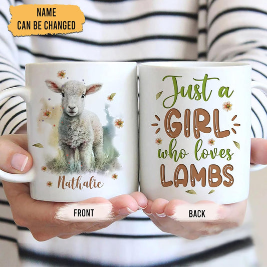 Hyturtle Personalized Gifts Lamb Lover - Just A Girl Who Loves Lambs Custom Name Ceramic Coffee Mug Cup 11oz - Idea Cute Animal Lover Gifts For Women, Girl kid Daughter On Birthday, Christmas