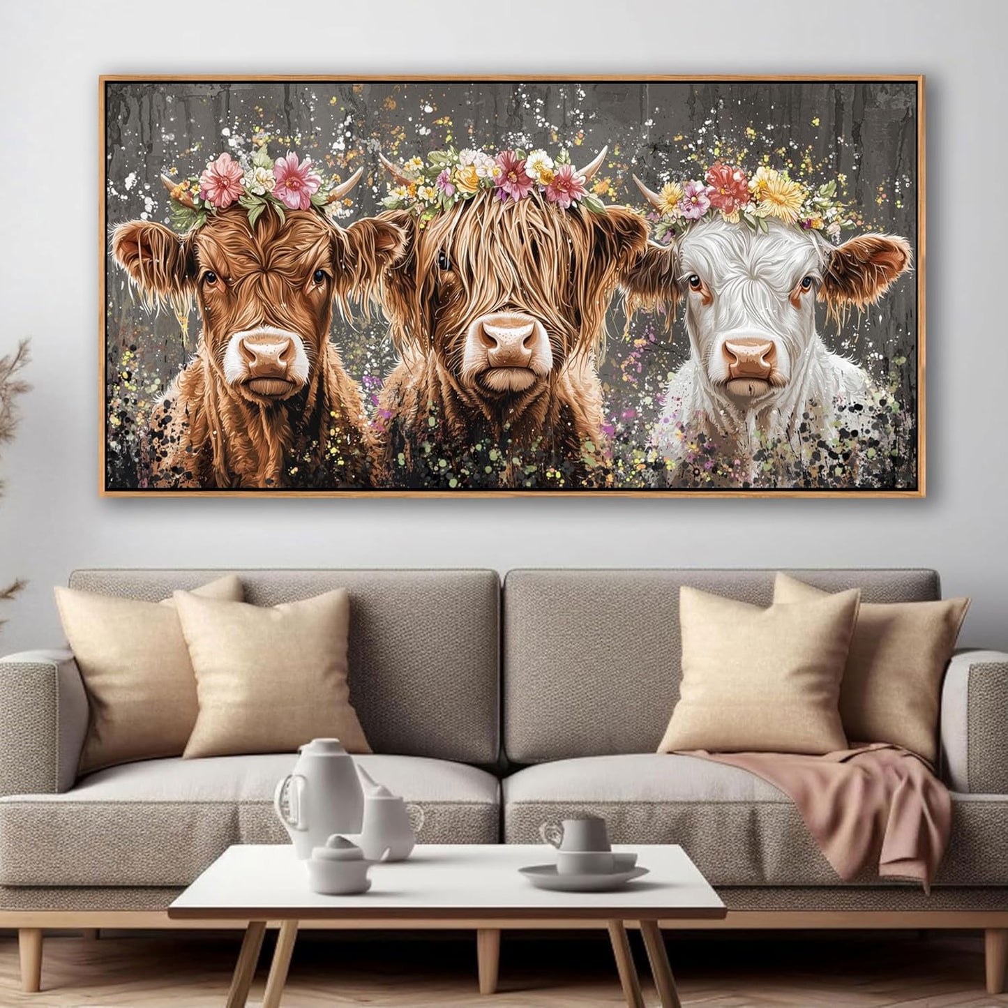 AJAZIKO Highland Cow Wall Art - Farmhouse & Rustic Country Wall Decor, Large Canvas Pictures for Living Room, Above Bed Artwork for Walls - Western Decorations 24×48IN