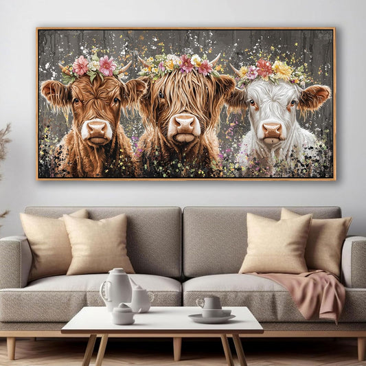 AJAZIKO Highland Cow Wall Art - Farmhouse & Rustic Country Wall Decor, Large Canvas Pictures for Living Room, Above Bed Artwork for Walls - Western Decorations 24×48IN