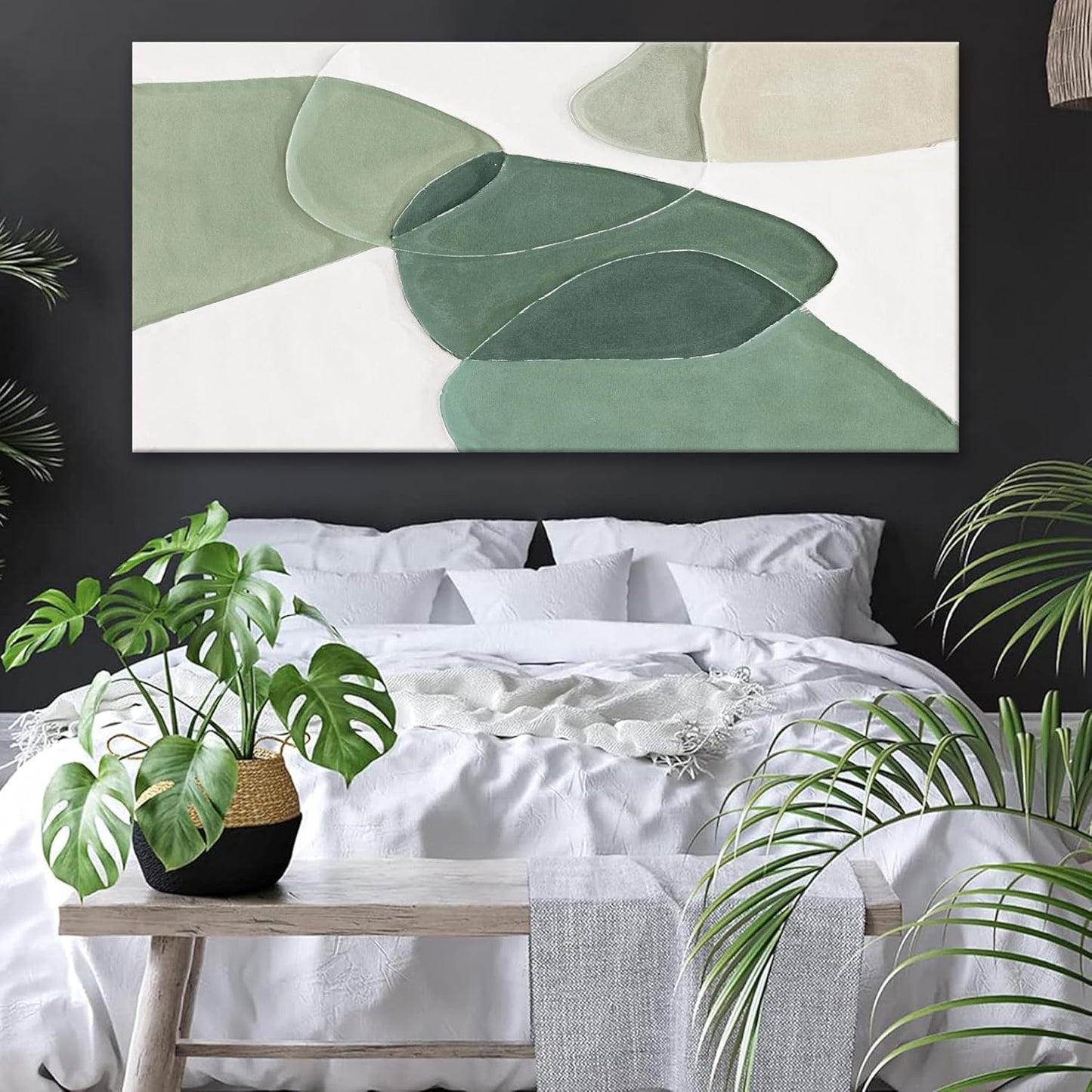 QSQ Modern Wall Art Large Green And White Geometric Color Block Line Wall Painting Artwork Canvas Simple Picture Textured Artwork For Living Room Bedroom Office Home Decor 29"X 58"