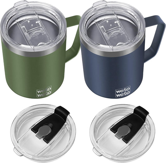 WETOWETO 14 oz Coffee Mug, Vacuum Insulated Camping Mug with Lid, Double Wall Stainless Steel Travel Tumbler Cup, Coffee Mugs Outdoor, Navy Blue & Olive Green 2 Packs