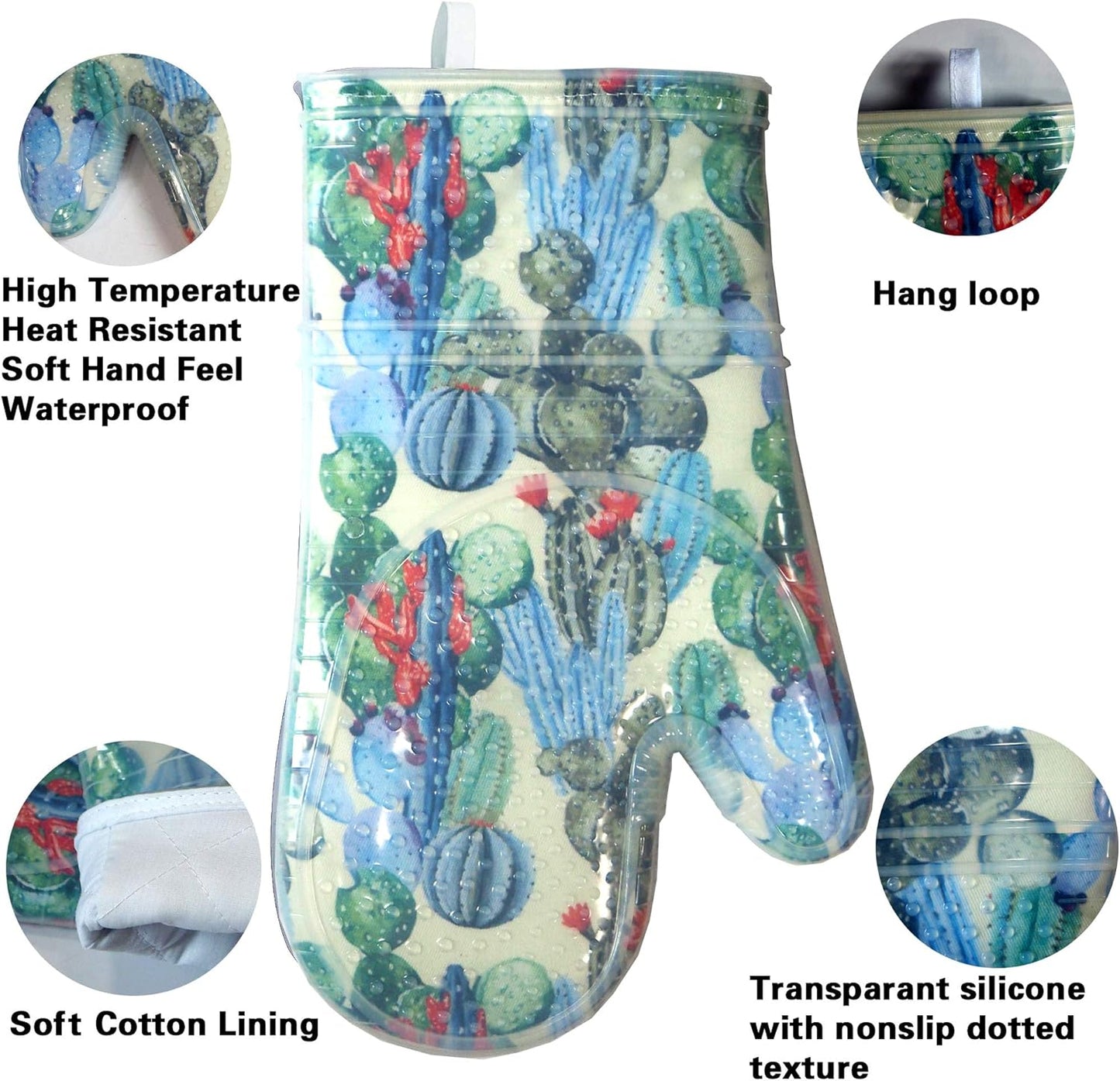 Oven Mitts Set of 2 with Transparent Clear Silicone Shell and Nice Cactus Flower Cotton Lining, Heat Resistant to 500 F Kitchen Oven Gloves Pot Holder for Cooking (Cactus Flower, Oven Mitts)