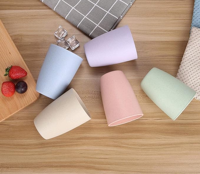 LuckyZone Wheat Straw Reusable Cup (12 oz) - Unbreakable Drinking Glasses Sets of 6 - Dishwasher Safe Tumbler - Lightweight, BPA Free and Eco friendly (6Pcs/Blue)