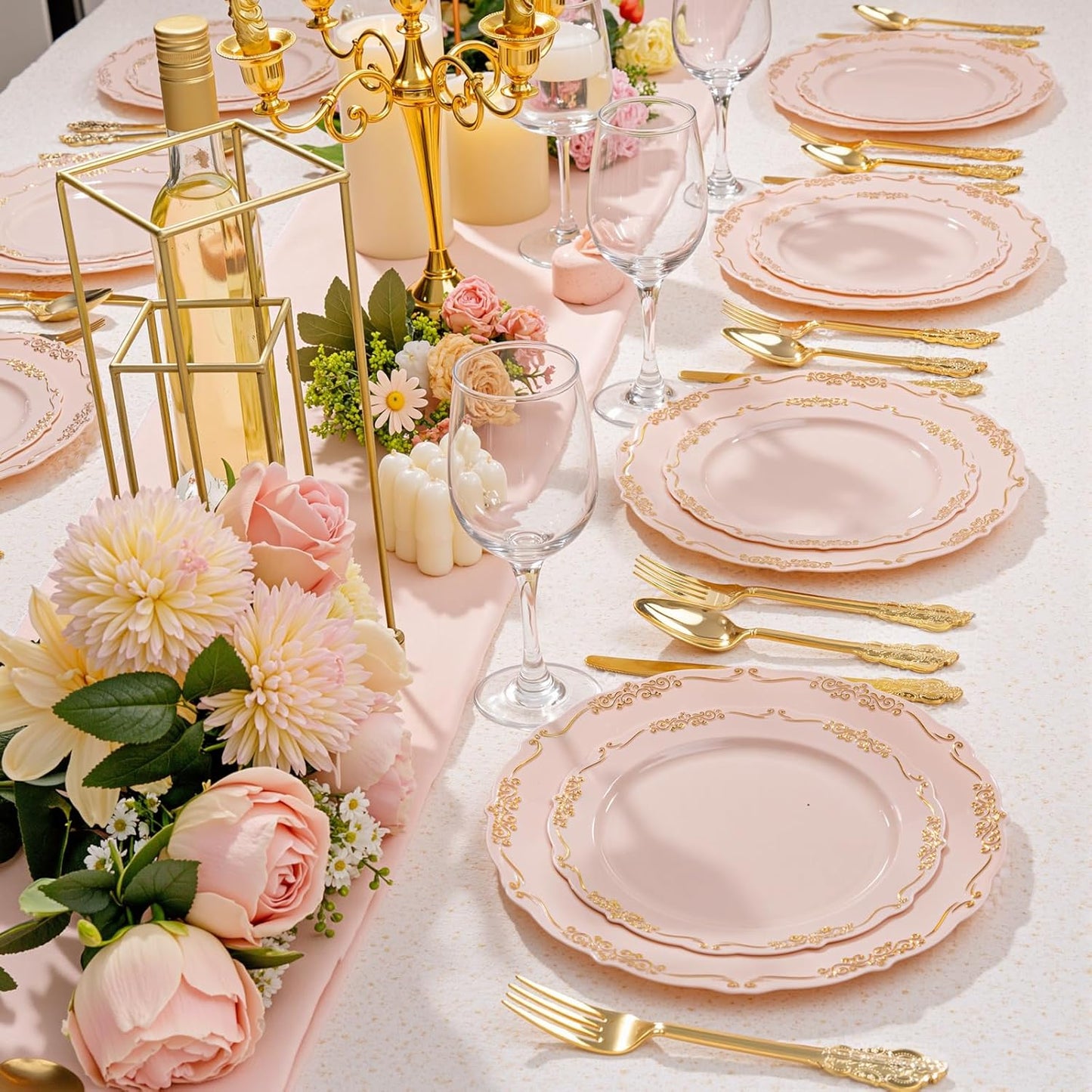 DaYammi 150Pcs Pink Gold Plastic Plates & Disposable Silverware, Pink Disposable Plates for Party Include 30 Dinner Plate,30 Dessert Plate,30 Knives,30 Forks,30 Spoons for Wedding Catering