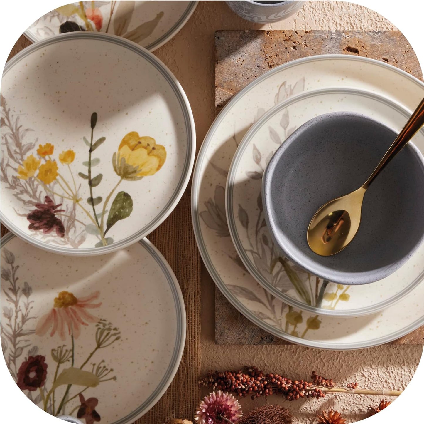 Corona 12–piece Delicate Floral Design Ceramic Dinnerware Sets | Plates and Bowls | Service For 4 | Anastasia