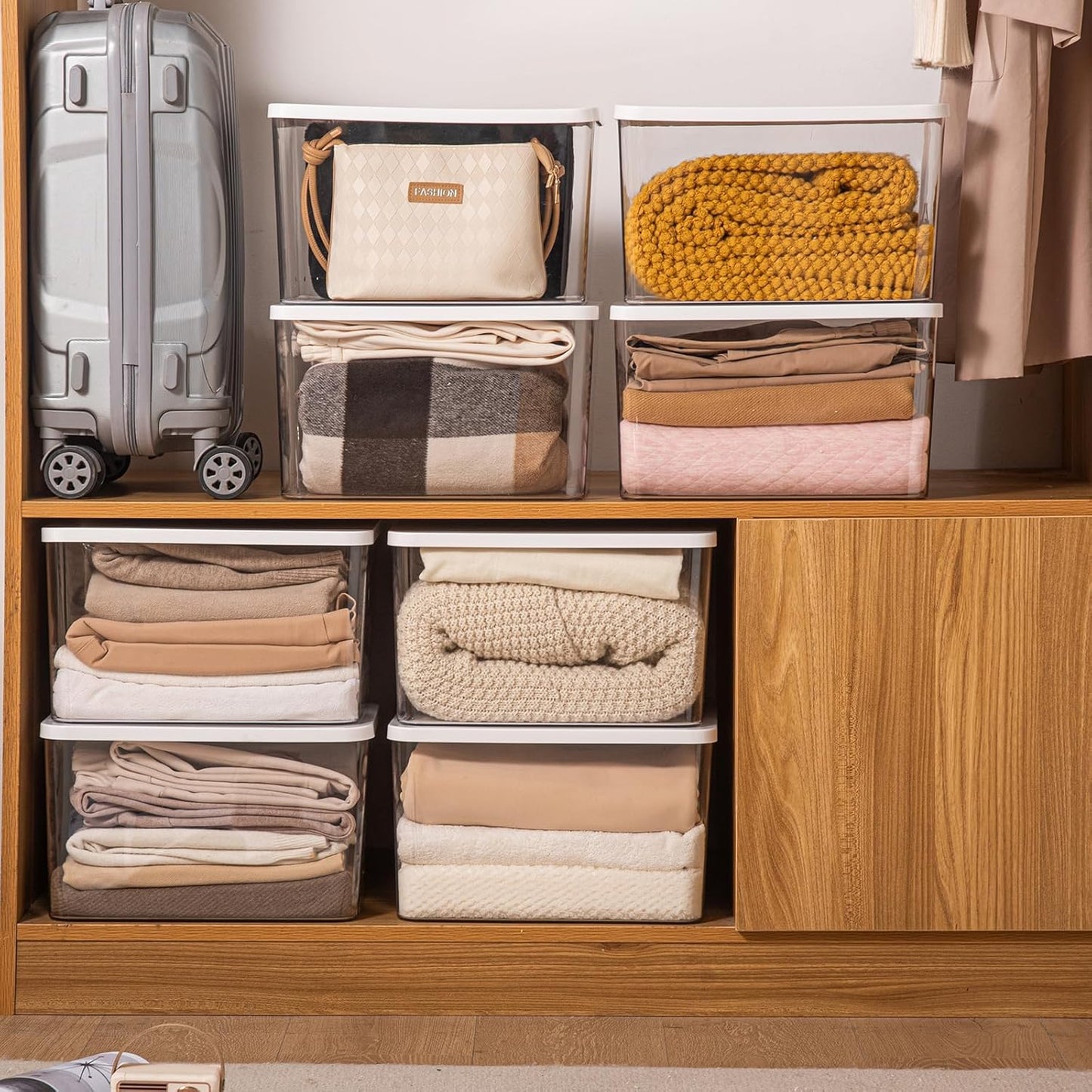 4-Piece Set,Plastic Storage Bin with Lid,Large Storage Containers,Stackable Lidded Storage Boxes for Cabinets, Clothes, Toys, Books (clear 4XL(with wihte lid))