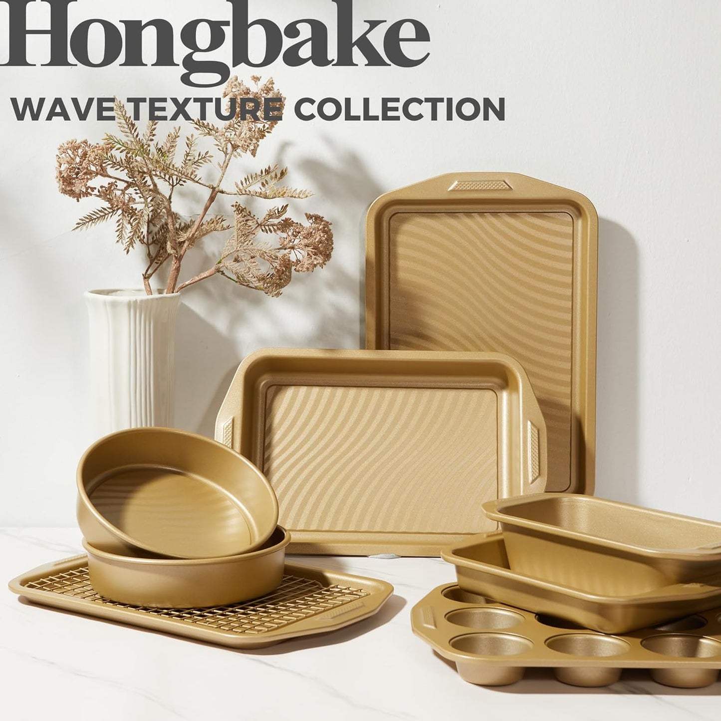 HONGBAKE 9-Piece Baking Pans Set with Wave Texture, 0.8mm Thick Bakeware Sets Non Stick, Includes Stackable Cookie Sheets for Oven Cooking, Cake Pan, Muffin Pan, Loaf Pan, Roasting Pan, Rack, Gold