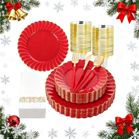 Ciaell 175 PCS Red Scalloped Plastic Plates with Gold Trim - Red Plastic Silverware with Handle - Fancy High-End Dinnerware Sets for Wedding & Showers & Party & Christmas (25 Guests)