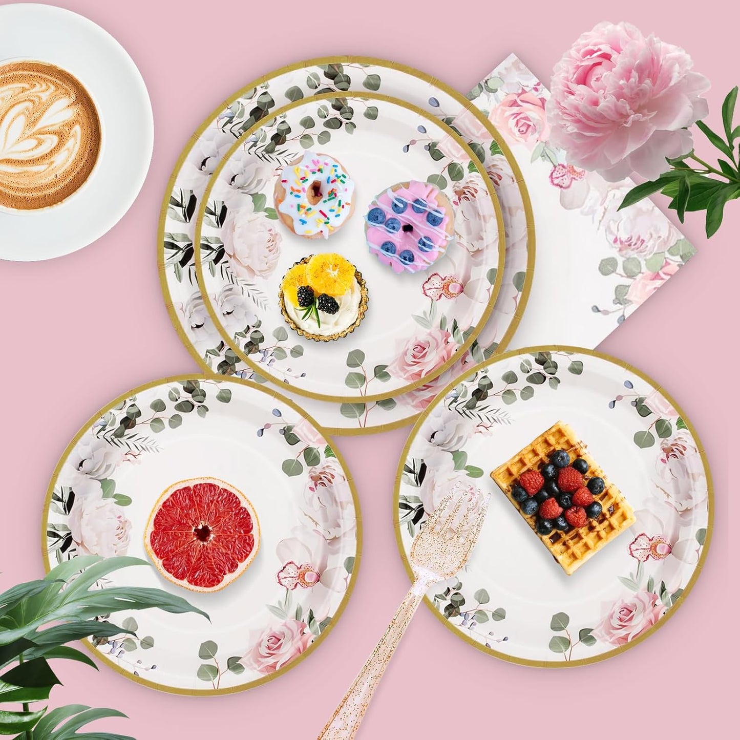 350 PCS Floral Plates and Napkins Party Supplies Serve 50 Flower Disposable Paper Dinnerware Sets for Adults Bridal Shower Decorations Baby Shower Birthday Wedding Engagement Tea