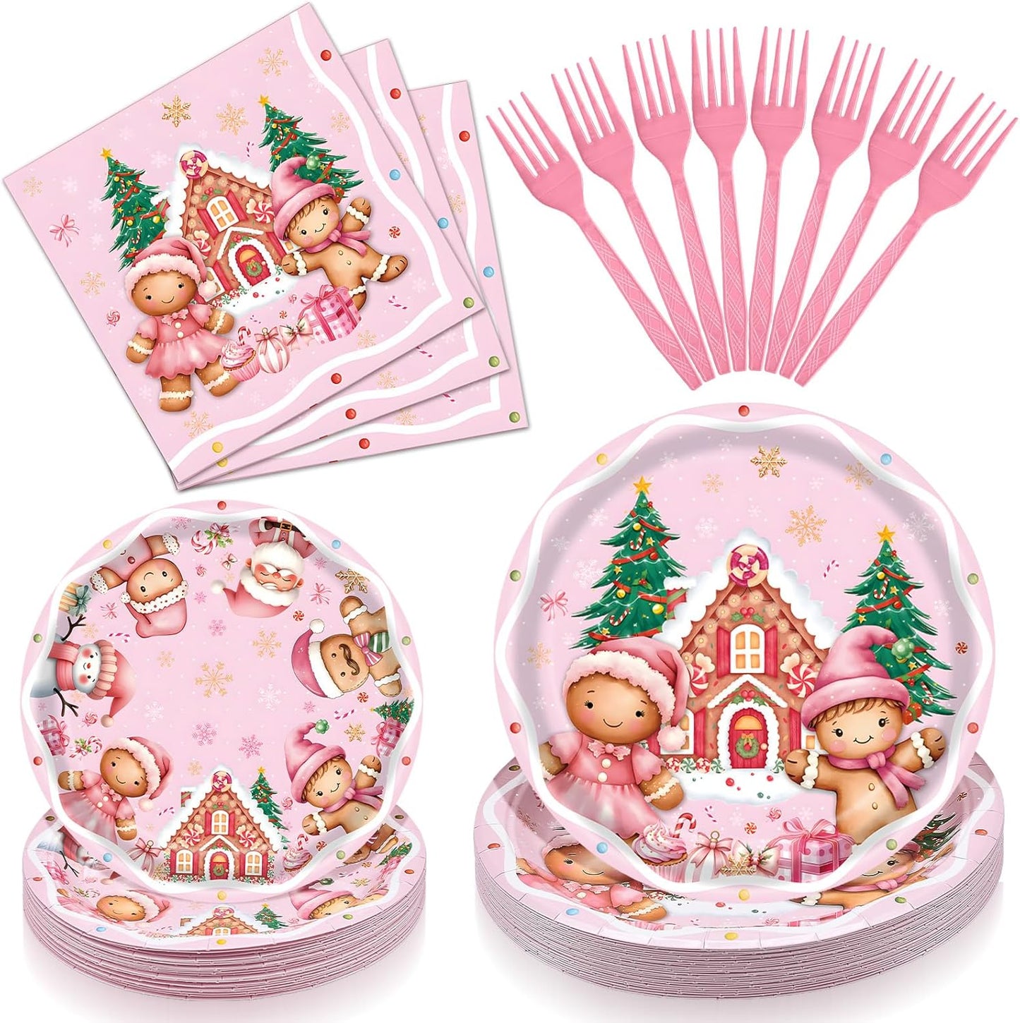 100 Pcs Pink Gingerbread Christmas Tableware Party Supplies – Disposable Holiday Dinnerware Set with Paper Plates, Napkins, and Pink Forks for Christmas Party, Winter Celebration – Serves 25 Guests