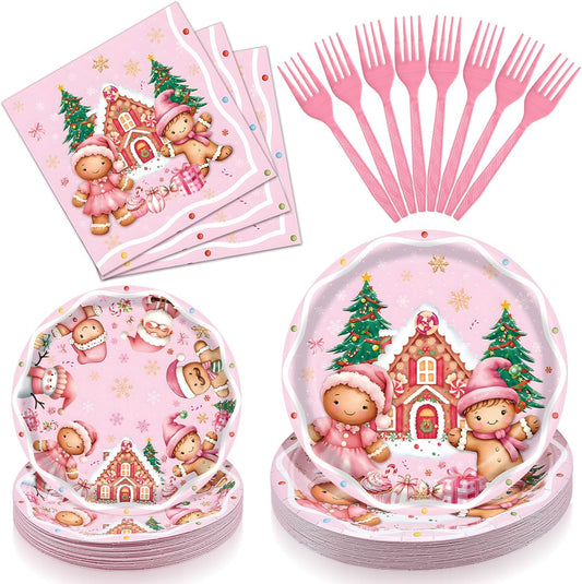 100 Pcs Pink Gingerbread Christmas Tableware Party Supplies – Disposable Holiday Dinnerware Set with Paper Plates, Napkins, and Pink Forks for Christmas Party, Winter Celebration – Serves 25 Guests