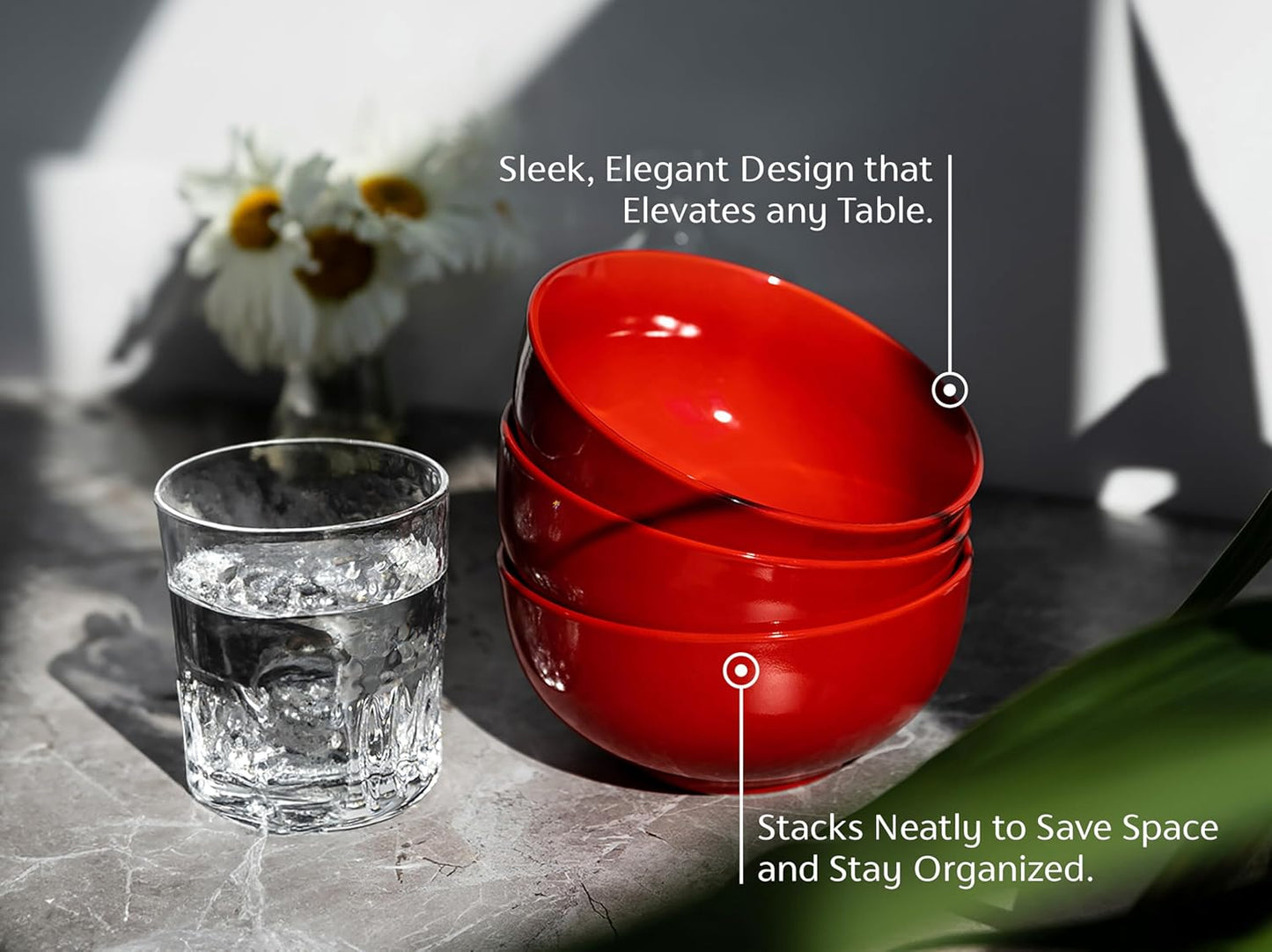 KooK Soup Bowls, Cereal Bowl, Ceramic, Bowls for Kitchen, Microwave, Dishwasher and Freezer Safe, Porcelain Dishes for Pasta, Salad, Oatmeal, Deep Interior, 20 oz, Set of 6, (Red)