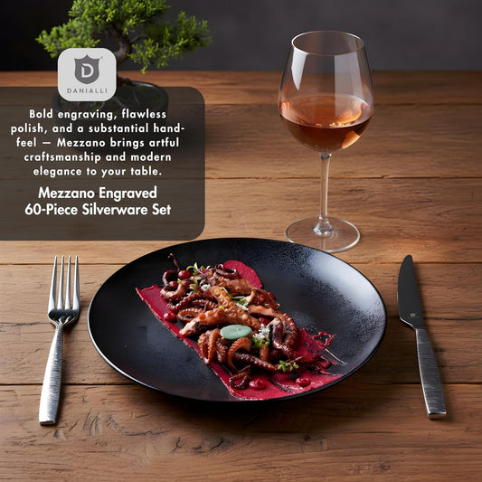 Engraved Silverware Set for 12 | 18/10 Stainless Steel Flatware with Mirror Finish and Engraved Handles | Heavy-Duty, Dishwasher Safe, Built to Last (60-Piece, Mezzano Engraved)