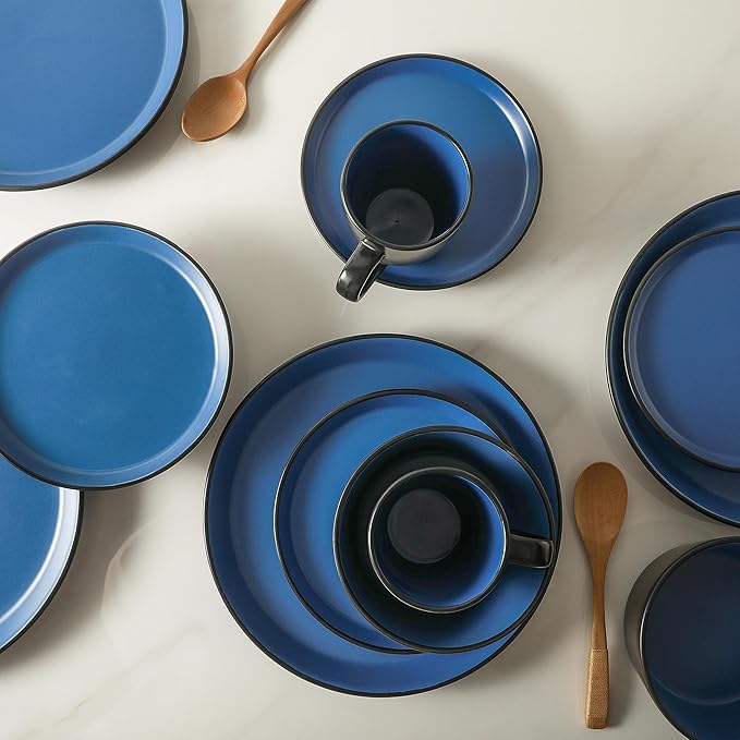 Stone Lain Albie Stoneware 32-Piece Modern Dinnerware Set, Kitchen Plates and Bowls Sets, Dish Set for 8, Blue and Black