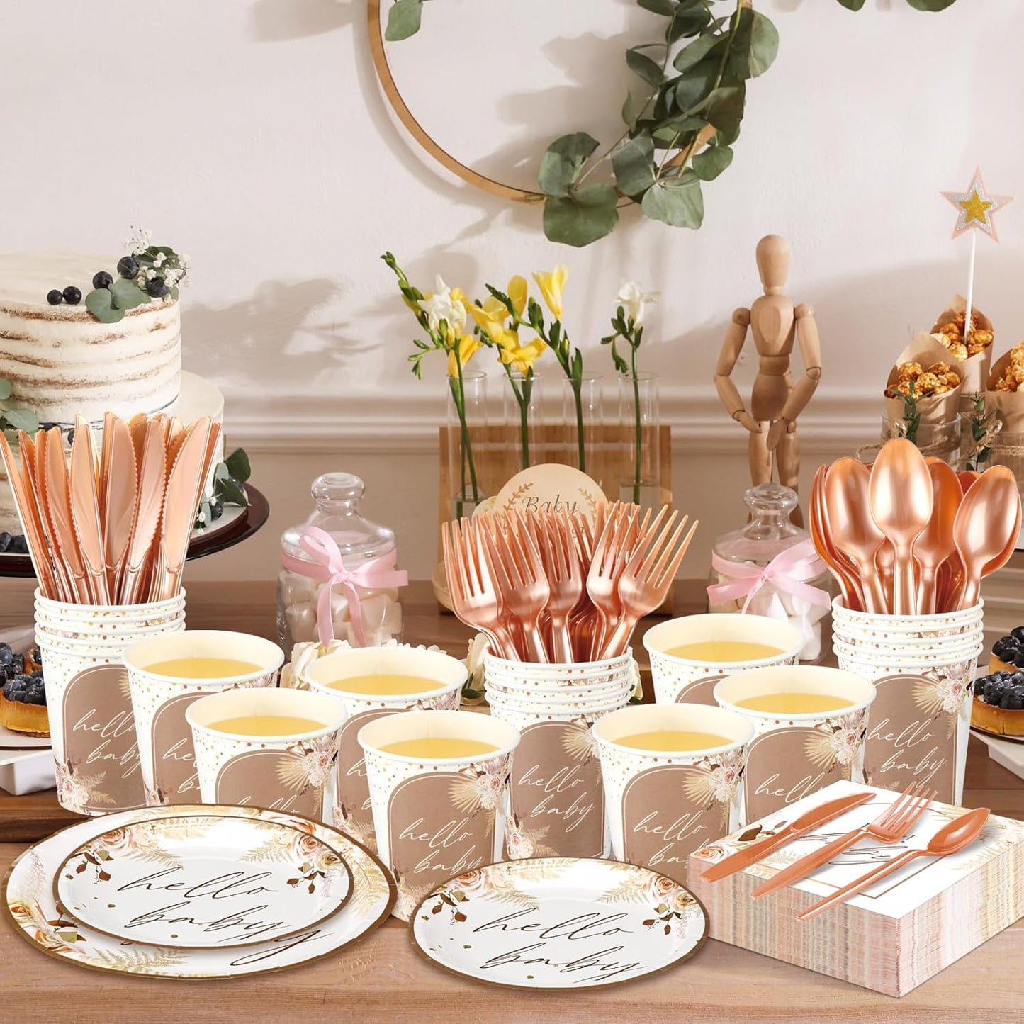 Dandat 350 Pcs Baby Shower Plates Set Baby Shower Party Supplies Serves 50 Tableware Sets Include Plates Napkin Cup Forks Knives Spoons Disposable Dinnerware(Boho Pampas Grass,Brown)