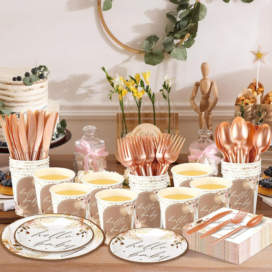 Dandat 350 Pcs Baby Shower Plates Set Baby Shower Party Supplies Serves 50 Tableware Sets Include Plates Napkin Cup Forks Knives Spoons Disposable Dinnerware(Boho Pampas Grass,Brown)