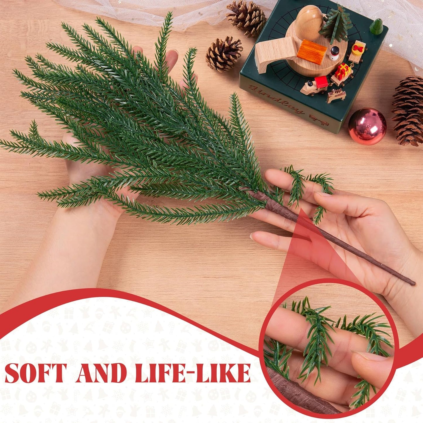 Artificial Norfolk Pine Stems for Christmas Decorations, 10 Pcs 18 inch Fake Pine Branches for Vases Garland Real Touch Faux Greenery Evergreen Plants for Xmas Home Decor Indoor Winter
