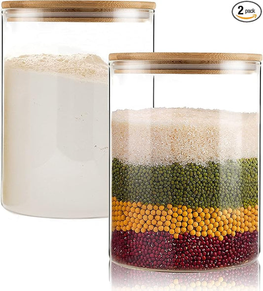 Liuruiyu 2-Pack Glass Food Storage Jars 105oz / 3100ml (3.3qt) – Stackable Airtight Glass Canisters with Bamboo Lids for Coffee, Sugar, Flour, Tea, Candy, Cookies, and Spices