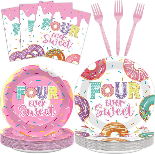 ZOIIWA 200 PCS 4th Birthday Donut Tableware Disposable Four Sweet Plates Napkins Party Supplies Donut Themed Dinnerware Set 4th Birthday Pink Party Baby Shower Decoration Serve 50 guest
