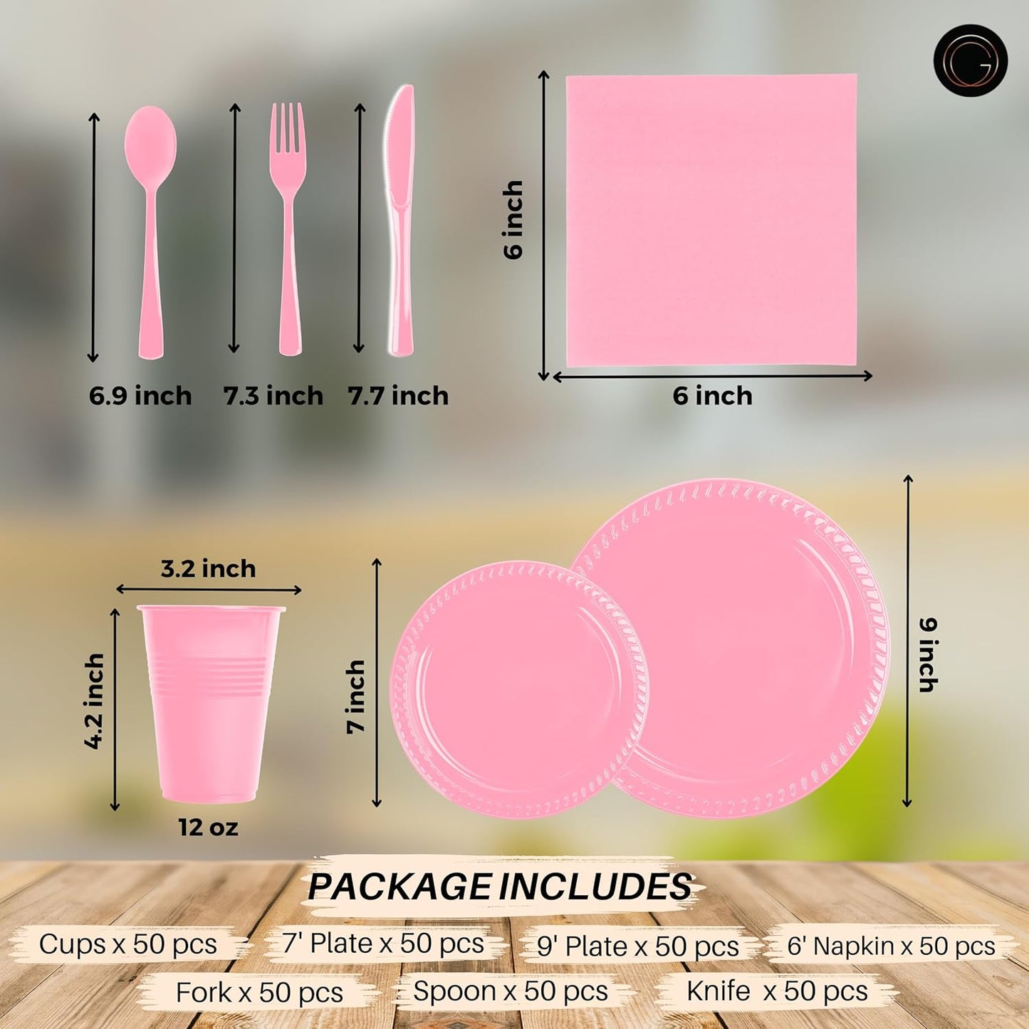 Grandipity 350 Piece Pink Disposable Dinnerware Set, Includes 50 of Each: 9" Dinner Plates, 7" Dessert Plates, 12oz Cups, Paper Napkins, Forks, Knives & Spoons