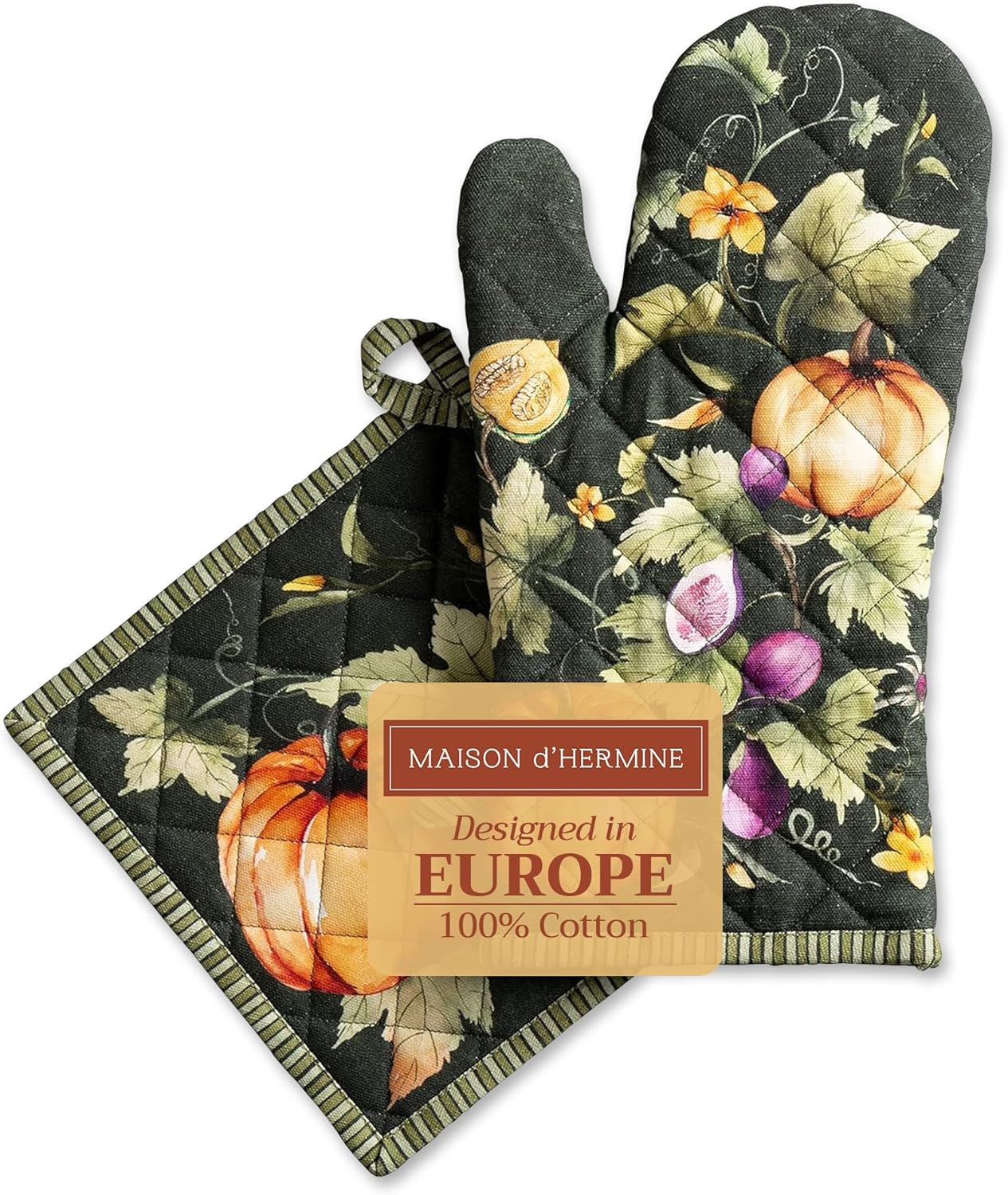 Maison d' Hermine 100% Cotton Oven Mitt & Pot Holder Set (7.5"x13" & 8"x8") Heat Resistant BBQ Cooking Gloves with Loop for Christmas Decorations Handling Hot Pans (Pumpkin Garden - Dark Green)