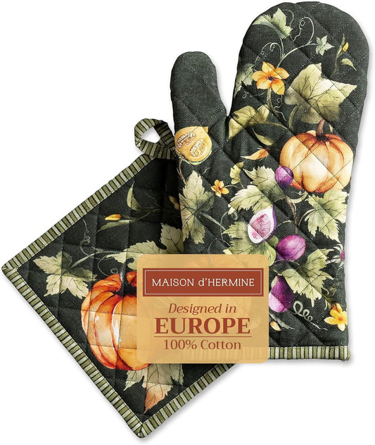 Maison d' Hermine 100% Cotton Oven Mitt & Pot Holder Set (7.5"x13" & 8"x8") Heat Resistant BBQ Cooking Gloves with Loop for Christmas Decorations Handling Hot Pans (Pumpkin Garden - Dark Green)