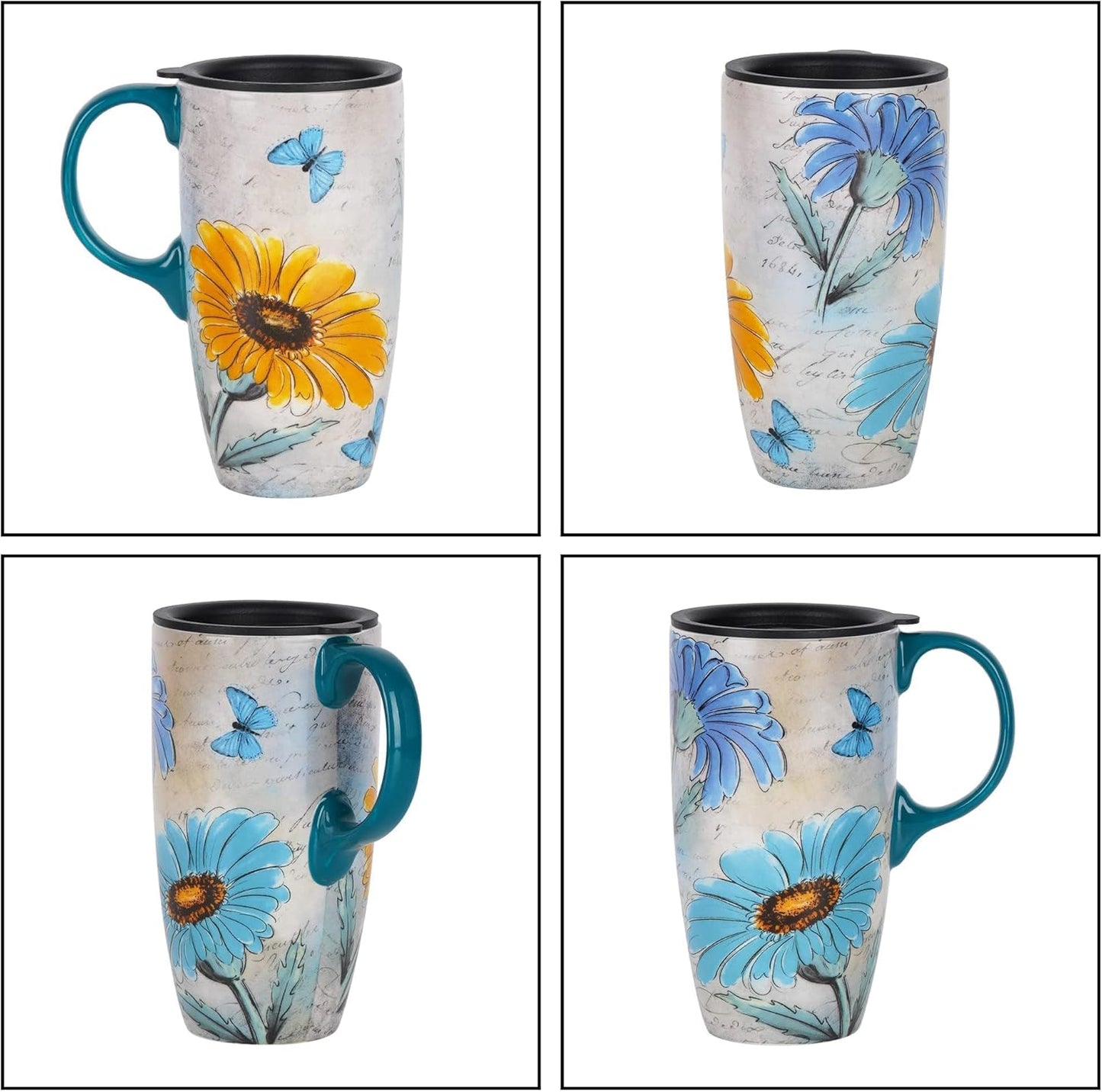 Topadorn 17 Oz Ceramic Travel Mug with Handle, Splash-Resistant Slider Lid, Suitable for Coffee and Tea, Microwave & Dishwasher Safe, Flowers & Butterflies