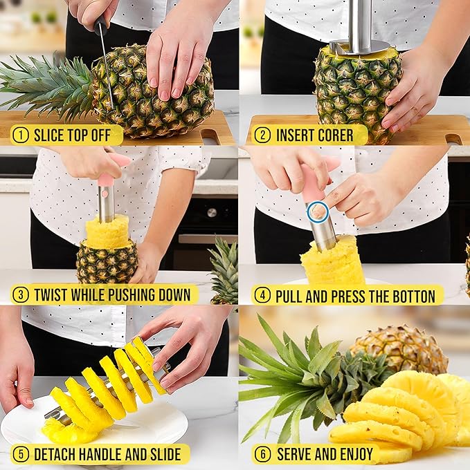 Zulay Kitchen Stainless Steel Pineapple Corer & Slicer + Eye Removal Tool – Heavy Duty Pineapple Cutter with Reinforced Blade – Effortless Pineapple Core Remover & Slicer - Pink
