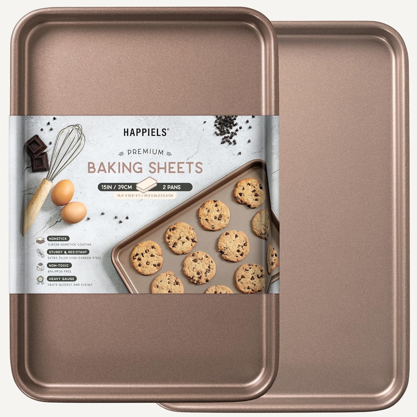 HAPPIELS Nonstick 15x10 inch Baking Sheet Set of 2 | PFOA & BPA Free Non Toxic Carbon Steel 10x15 inches Cookie Sheets | Best Non stick Oven Cooking Pans & Jelly Roll Pan | Best Nontoxic Baking Trays