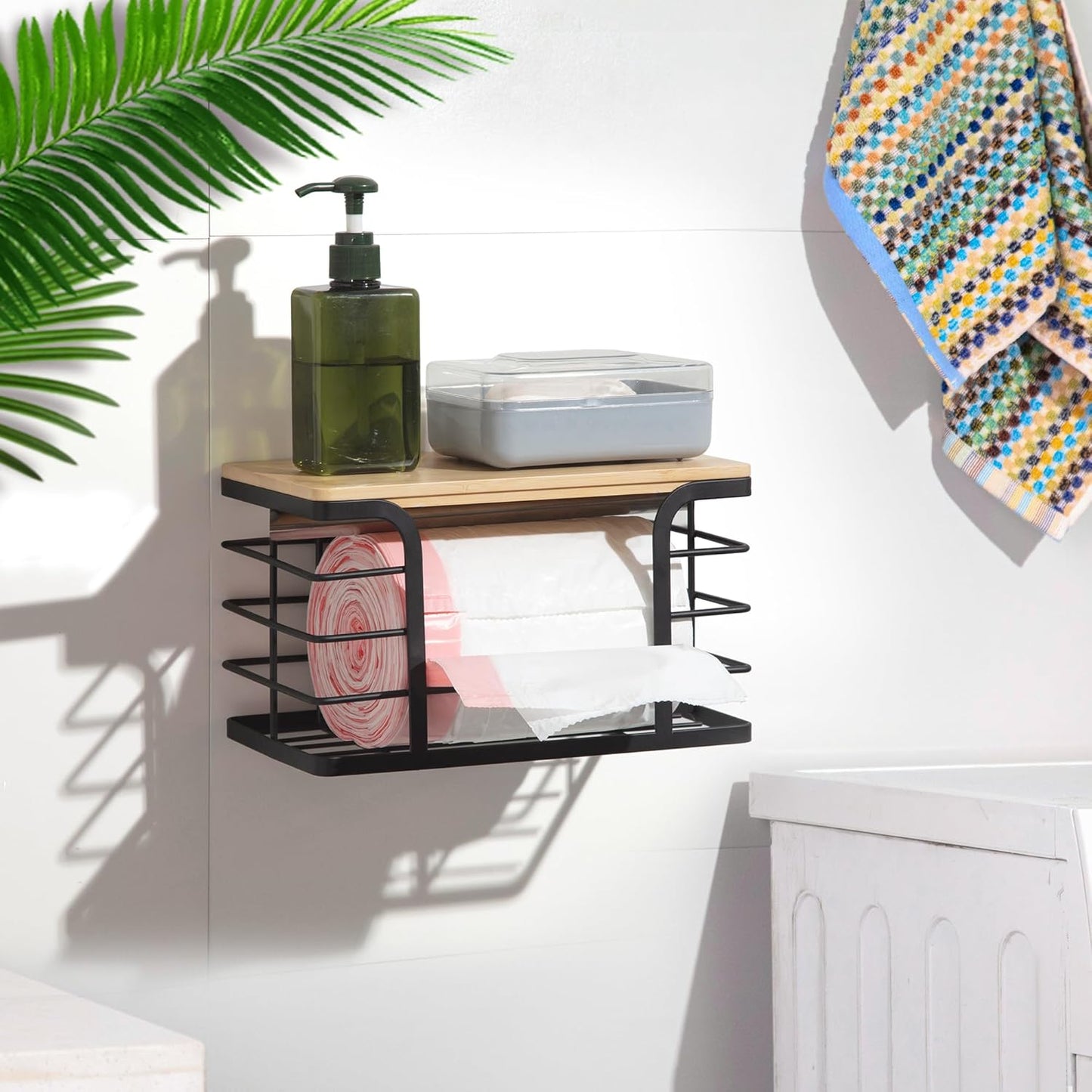 Small Trash Bag Holder,Wall Mount Grocery Bag Holder with Bamboo Top,Suitable for Garbage Bags of 100 Rolls under 13 Gallons,Black