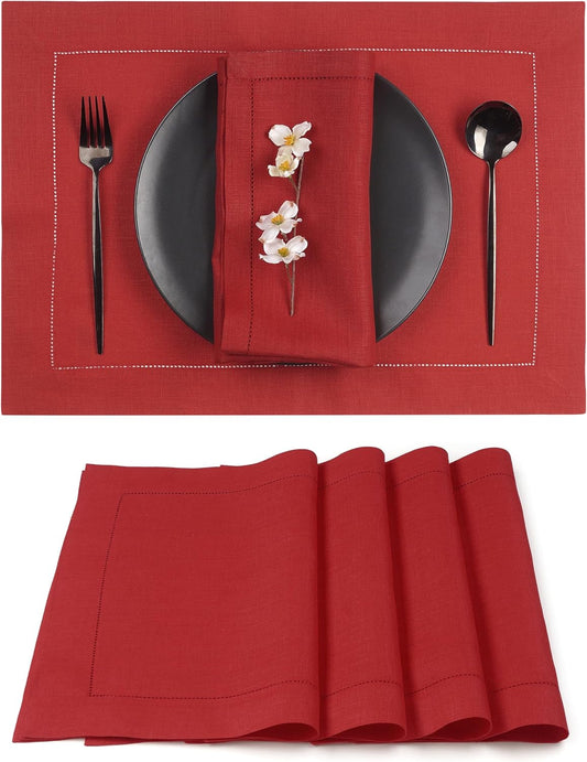 D'Moksha Homes Linen Placemats Set of 4 - Classic Hemstitch Bright Red Placemats 14 x 19 Inch - 100% Pure Linen Table Mats for Fall, Autumn and Halloween - Handcrafted and Machine Washable