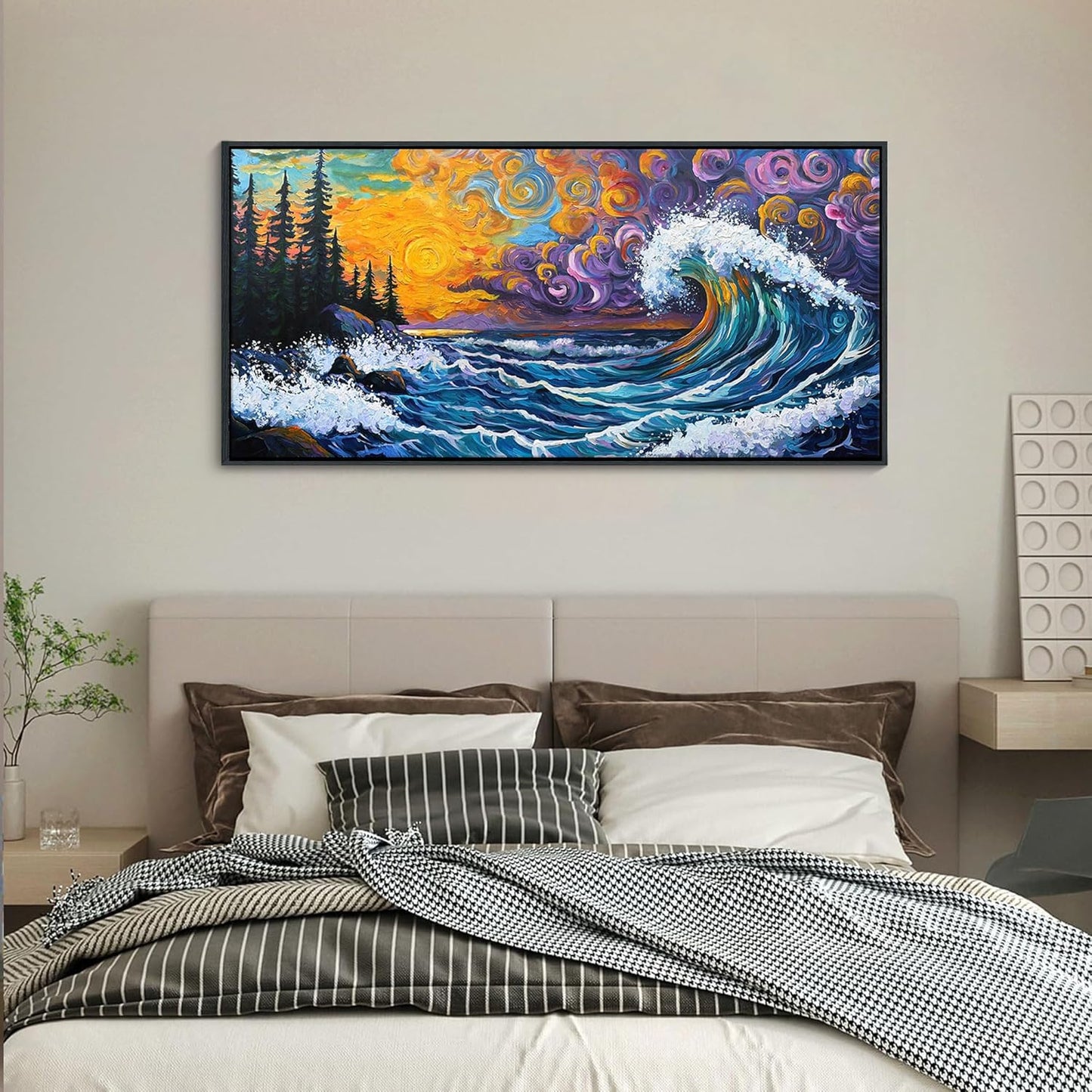 CHATYOUNG Vintage Framed Wall Art, Abstract Beach Waves Sunrise Landscape Van Gogh Style Canvas Paintings Modern Pictures Print Artwork for Living Room Bedroom Kitchen Office Home Wall Decor 20"X40"
