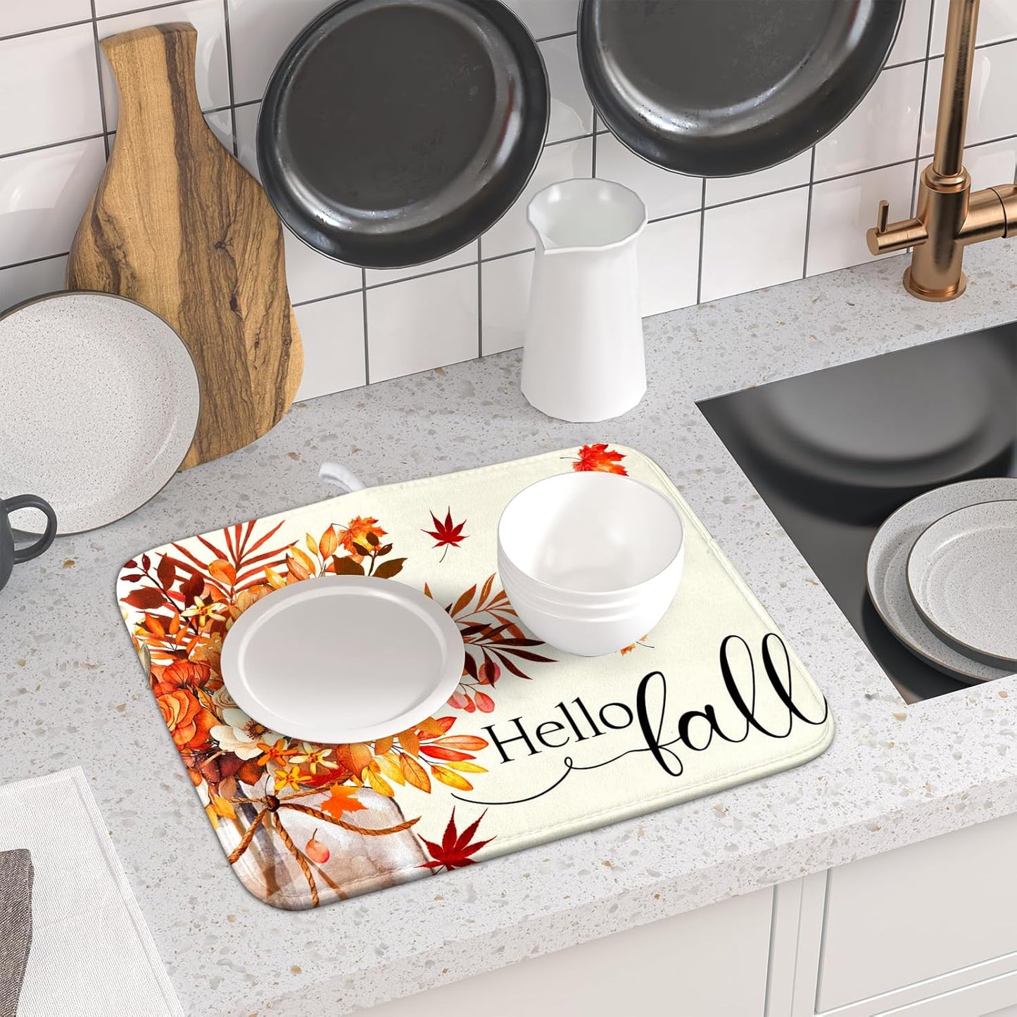 Hello Fall Dish Drying Mats 16x18 Inch, Autumn Orange Color Flowers Leaves Seasonal Washable Microfiber Drainer Rack Absorbent Pad Kitchen Counter Coffee Bar Protector