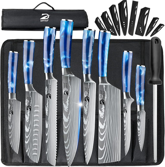 Dfito Chef Knife Sets with Roll Bag, 9 Pieces Professional Knife Set, High Carbon Stainless Steel Kitchen Chef Knife Set, Red Pakkawood Handle, Dishwasher Safe