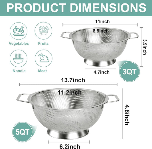 Kaishun Colander Stainless Steel Set(5-Quart and 3-Quart), Kitchen Strainer for Pasta, Fruits Vegetables, Dishwasher Safe